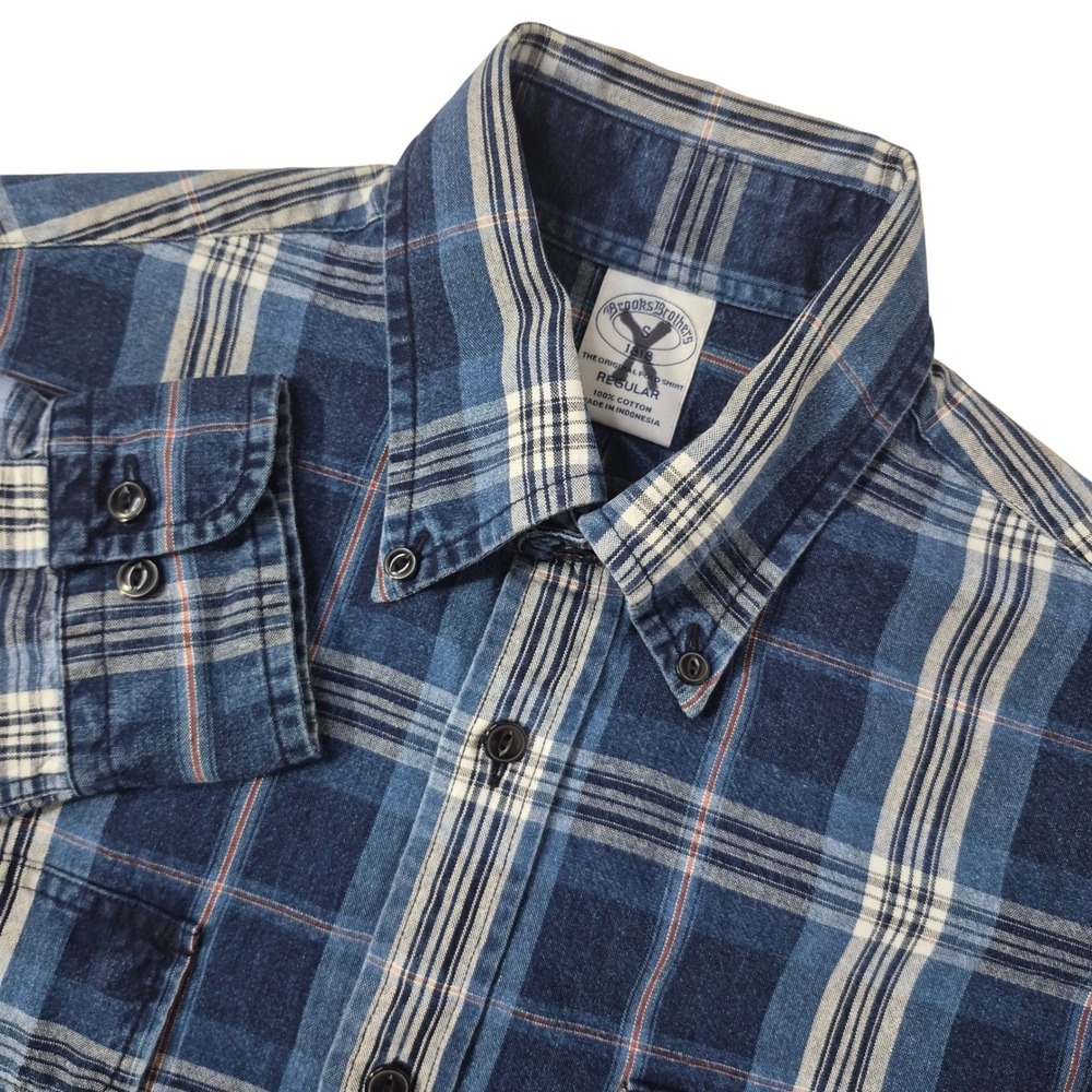 Brooks Brothers Button Down Shirt Mens Small Blue Plaid Regular Fit Pockets Work